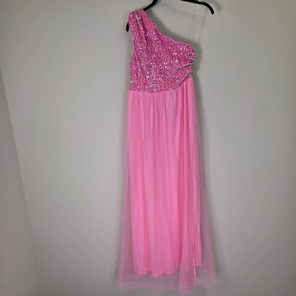 Dressalisa Pink Sequin One Shoulder Tulle Maxi Dress Gown Womens Small